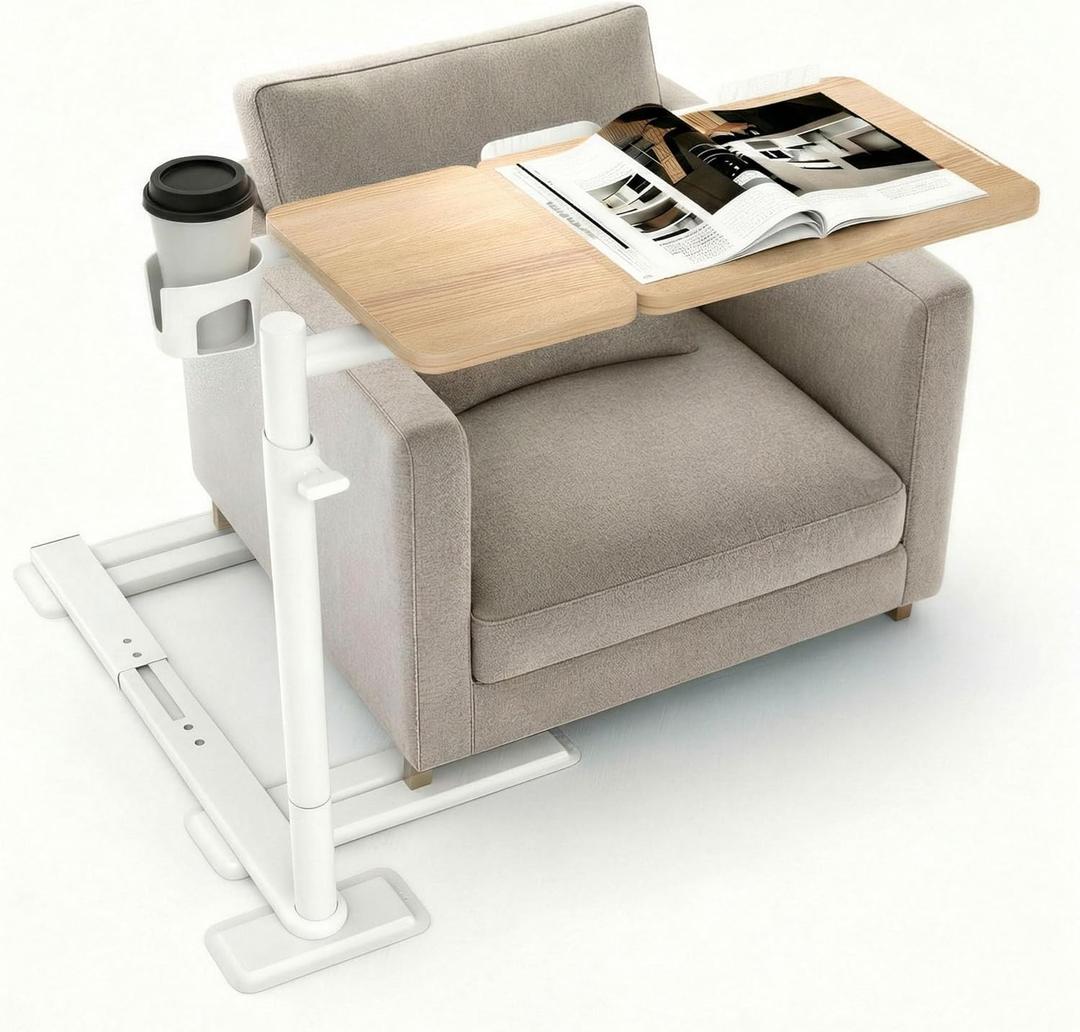 Height Adjustable OverCouch Armrest Table Tray  Tilting Top Swivel Table for Recliner, Sofa, Laptop, Slide Under Side Table for Eating, Reading, Snacking, Recovery Use (Natural Oak)