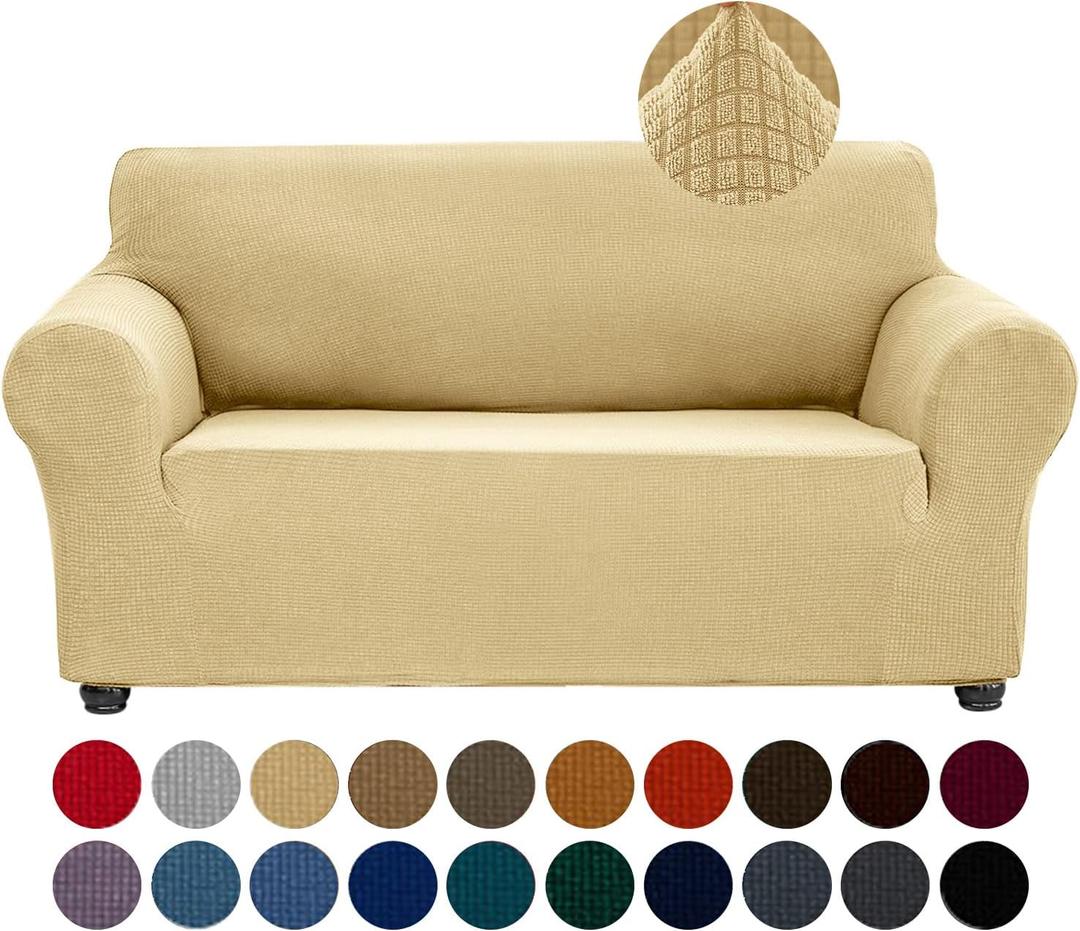Joccun Stretch Sofa Cover for 2 Cushion Couch, Water Repellent Slipcover Protector, Washable Polyester Spandex Furniture Cover for Living Room, Pets (Champagne) (Medium55"-78"))