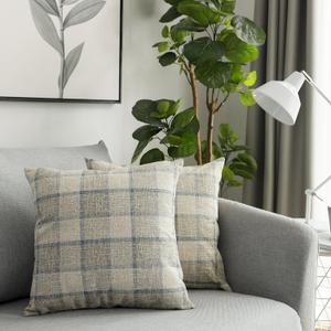 UGASA Square Checkers Decorative Throw Pillow Case Cotton Linen Cushion Covers Shell with Hidden Zipper, 18 x 18 Inches, 2 Pc, Natural + Little Boy Blue