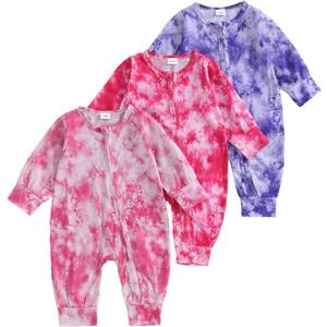 2 x Infant Baby Boys Girls 3 Pack Footless Rompers Long Sleeve Tie Dye Zip-up Jumpsuit Fall Clothes 3pcs Outfit Set 0-3 Months