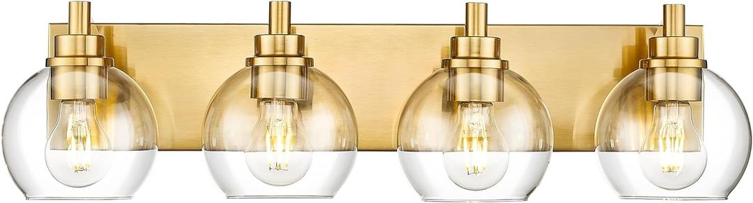 Bathroom Light Fixtures, 4 Light Brushed Gold Vanity Light, 26 Inch Modern Wall Sconces with Globe Clear Glass Shade, Vanity Lighting Fixtures Over Mirror, VL195-BG-CL-4