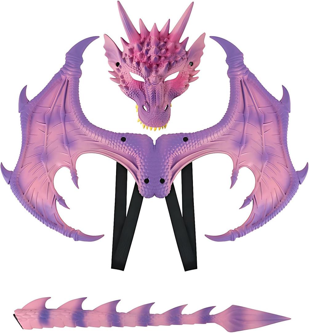 Alodidae Dragon Costumes Set Devil Wings Demon Tail Dino Mask for Halloween Masquerade Party Cosplay (Purple, M)