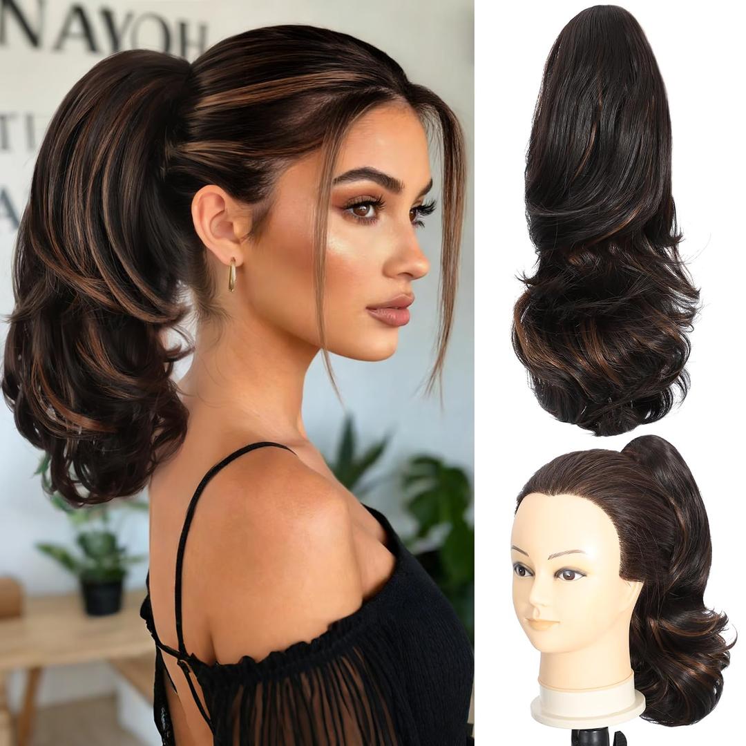 Tmlkhl Ponytail Extension 14 Inch Soft Curly Claw clip Ponytail Extension Highlight Brown Pony Tail Hair Extensions for Daily Use Short Curly Ponytail Drawstring Clip on Hair Extensions for Women,128 Fl Oz (Pack of 1)