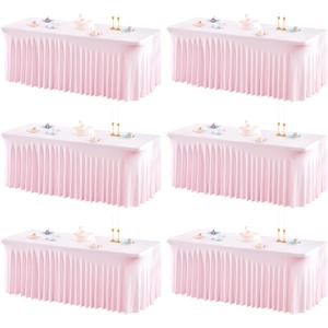 6 Packs Pink Table Clothes for 8 Foot Rectangle Tables, One-Piece Wrinkle Resistant Stretch Spandex Table Covers with Skirt for Event Banquet Wedding Birthday Party