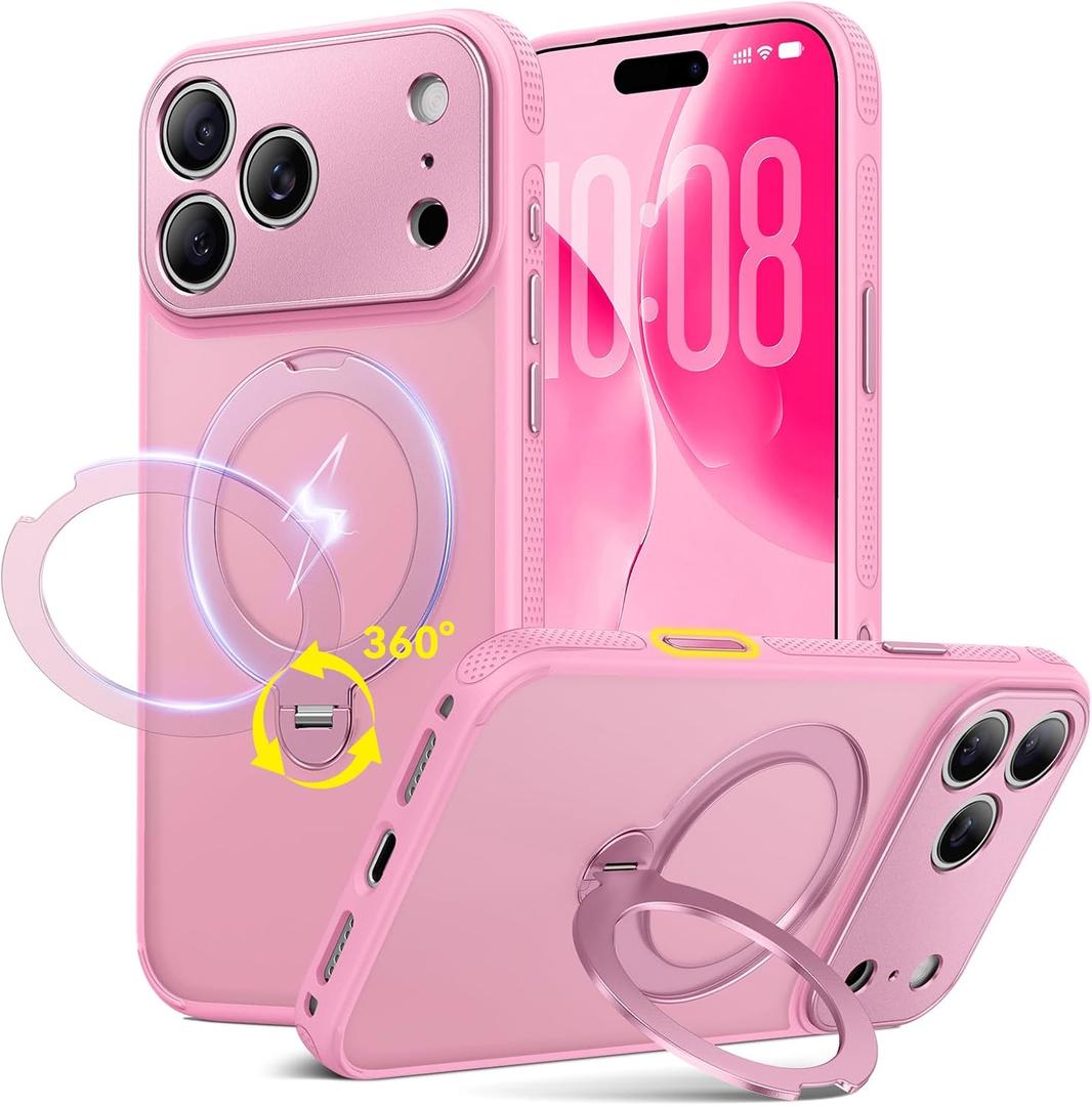 360 Spin Magnetic Stand for iPhone 17 Pro Case, Fit for MagSafe, All Around 4X Military-Grade Protection, Full Camera Protection,Anti-Slip Slim Phone Case for iPhone 17 Pro 6.3", Chalk Pink