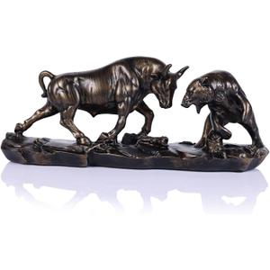 Wall Street Bull Statue, Bull Market and Bear Market Statue, Stock Market Sculpture, for Office, Desktop, Bookshelf, Living Room, Study, Home Decor, Financial Advisor Gift (Brown)