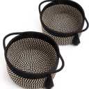 Small Woven Gift Basket Empty to Fill for Boys Man, Little Cotton Rope Bin for Desk, Bathroom, Shleves, Cute Decorative Plant Basket, 2 Pack, Pre-Shaped, With Gifts Bag & Ribbon, Rustic Black Brown