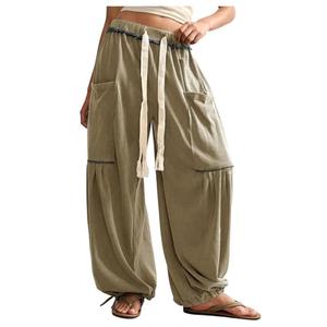 RoseSeek Women's Baggy Boho Harem Pants Drawstring Waist Wide Leg Sweatpants Casual Trousers Joggers with Pockets Army Green, Small