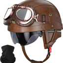 German Style Motorcycle Helmet - DOT Approved Vintage Leather Novelty Half Helmets for Motorcycle with Goggles/Visor, Removable Lining/Earmuffs, for Cruiser Scooter Chopper Moped, for Adults Men Women (M(57~58cm), Brown)