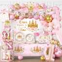 258 PCS Princess First Birthday Decorations, Once Upon A Time Birthday Party Pack Serves 25, with Balloon, Banner, Backdrop, Plates and Napkins, for Girl's First Birthday