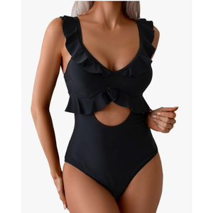 Rainlover Womens One Piece Swimsuits Tummy Control Bathing Suit Cutout High Waisted Ruffle Wrap V Neck Swimwear, Size S