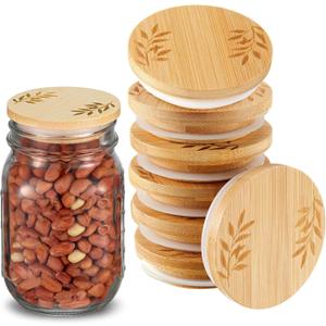 Beeveer 8 Pcs Regular Mouth Lids for Mason Jars 2.76'' Reusable Wooden Leaf Pattern Storage Lids with Airtight Silicone Sealing Rings Round Canning Caps for Food Storage