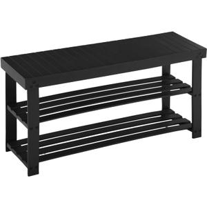 Apicizon Bamboo Shoe Rack for Entryway, 3-Tier Shoe Rack Bench for Front Indoor Entrance, Small Shoe Organizer with Storage, 35.4 Inches, Black, 35.4 Inches No Cushion