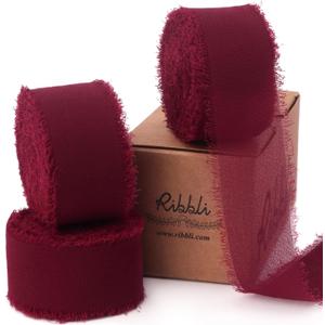 Ribbli Burgundy Ribbon 1 Inch x 3 Rolls Total 24 Yards Handmade Fringe Chiffon Silk Ribbon for Wrapping Wedding Invitations Bridal Bouquets DIY Crafts Home Decor