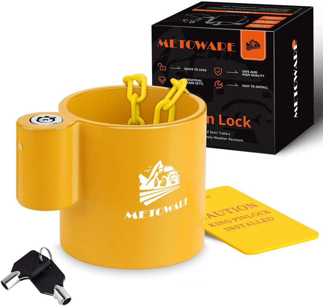 METOWARE 5th Wheel King Pin Lock with Warning Tag for 5th Wheel, RVs, Semi Trailers and Campers (Yellow)