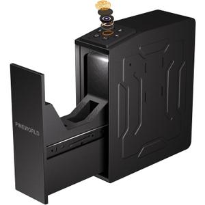 PINEWORLD Slider Biometric Handgun Safe with Auto Sliding Door&Interior Light, Bedside Pistol Safe with Quick Fingerprint/Passode/Key Access, Nightstand Handgun Case, Mounted Lock Box for Desk, Truck