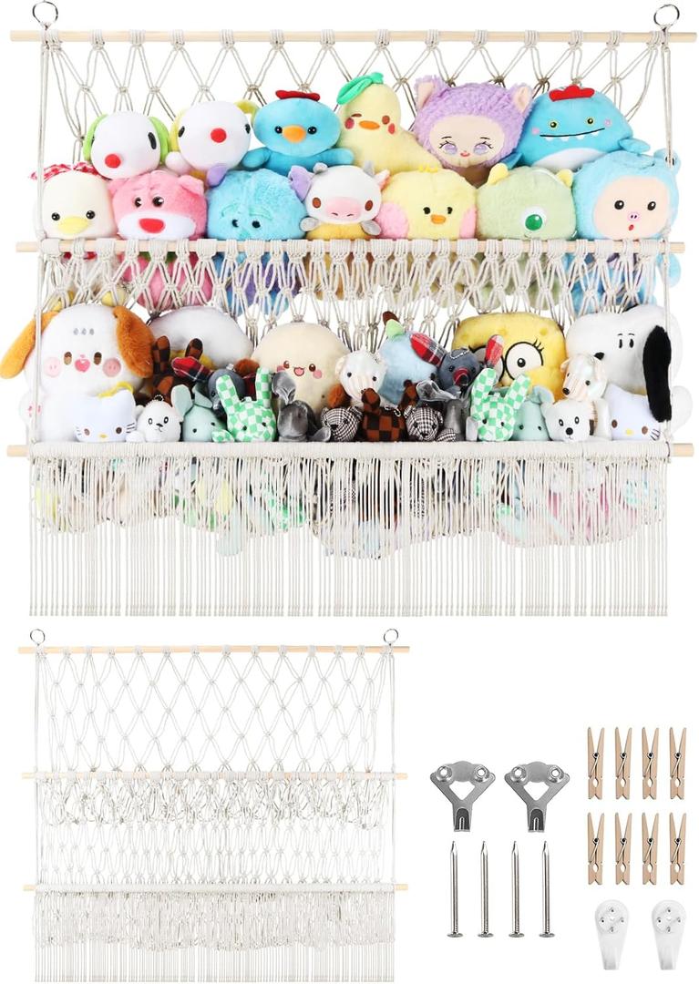 2 Tier Stuffed Animal Storage Shelf Net, 35x30'' Large Plushie Net w/ 2.4/1'' Dense Mesh for Mini Medium Stuffy Teddy, Beige Boho Macrame Toy Holder Display w/ Lights&Clips for Nursery Kid Girl Boy, Large-2 Tier-35'' Width