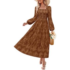 ZESICA Women's 2026 Spring Floral Midi Dress Long Sleeve Smocked Flowy Long Wedding Guest Vacation Dresses (Medium, Brown)