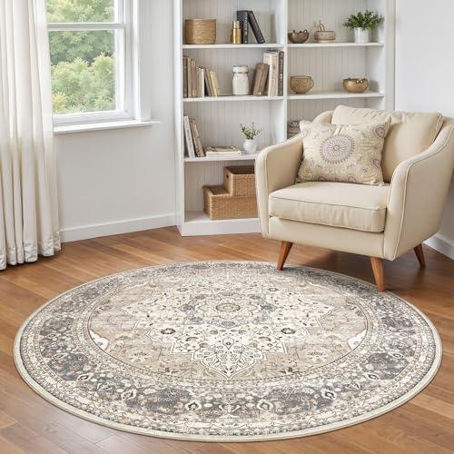 Washable 5 Ft Round Area Rug - 5x5 Area Rugs for Living Room Bedroom Dining Room Home Office Floor Decor- Vintage Floral Stain & Fade Resistant Non-Slip Backing Carpet (Camel/Beige)