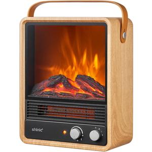 Shinic Electric Fireplace Heaters for Indoor Use,1500W Space Heater with Crackling Sound & 3D Realistic Flame, Safety Protection, Portable Fireplace Heater for Home Office Christmas Decoration, Oak (11.8" x 5.9" 14.6")