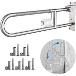 Toilet Grab Bar 30.3 Inch, Munzong Anti-Slip Handicap Grab Bars with Paper Holder, Flip-Up Bathroom Toilet Safety Rails, Stainless Steel Knurled Support handrails for Seniors Elderly Disabled Pregnant (Satin Nickel)