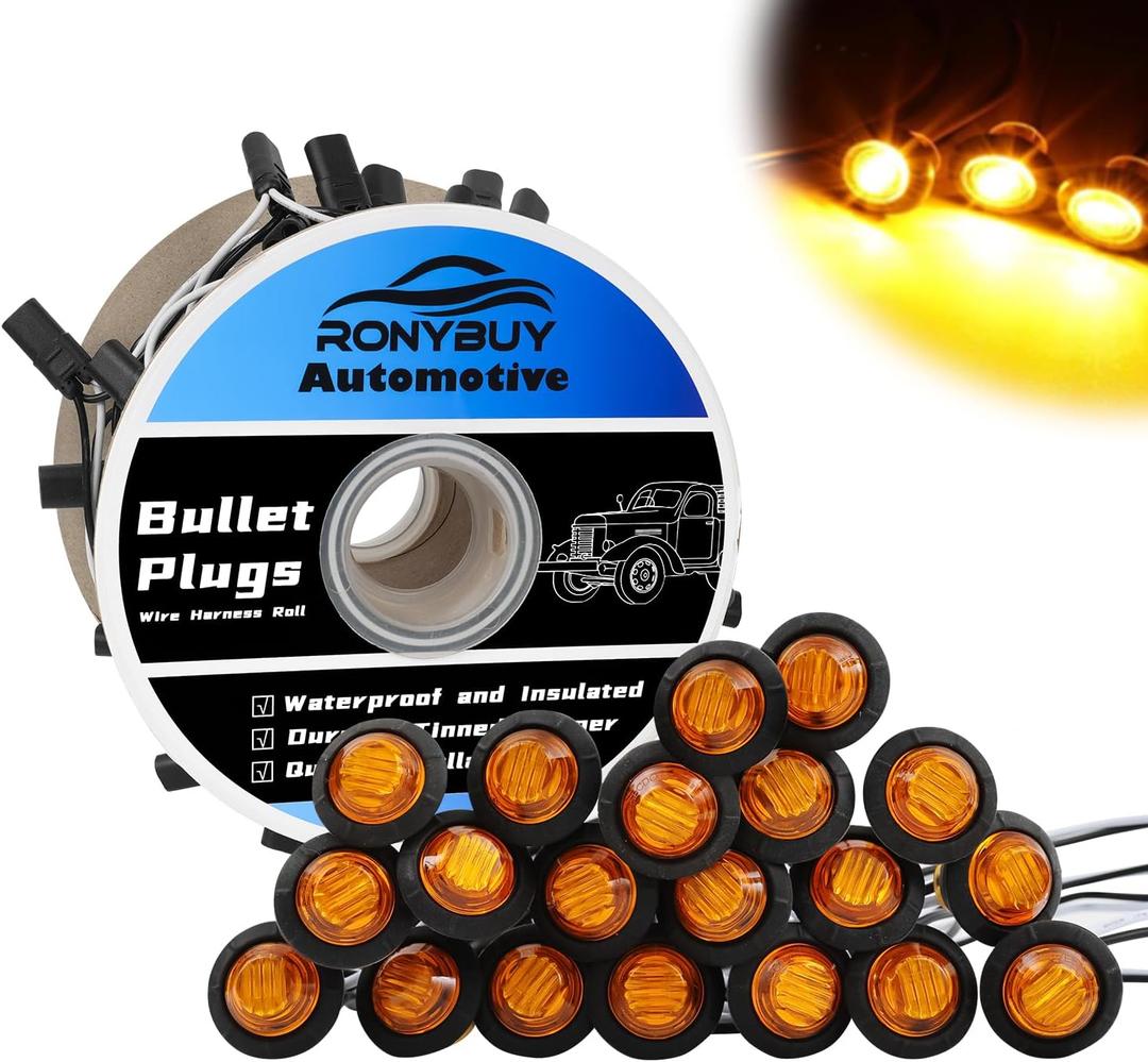 20 Pcs 3/4" Amber LED Marker Lights with Connector Plug + Double Female 2 Prong Wire Harness Roll, Clearance Lights LED Side Marker Lights for Truck Trailer RV Pickup Semi-Trucks Plug and Play