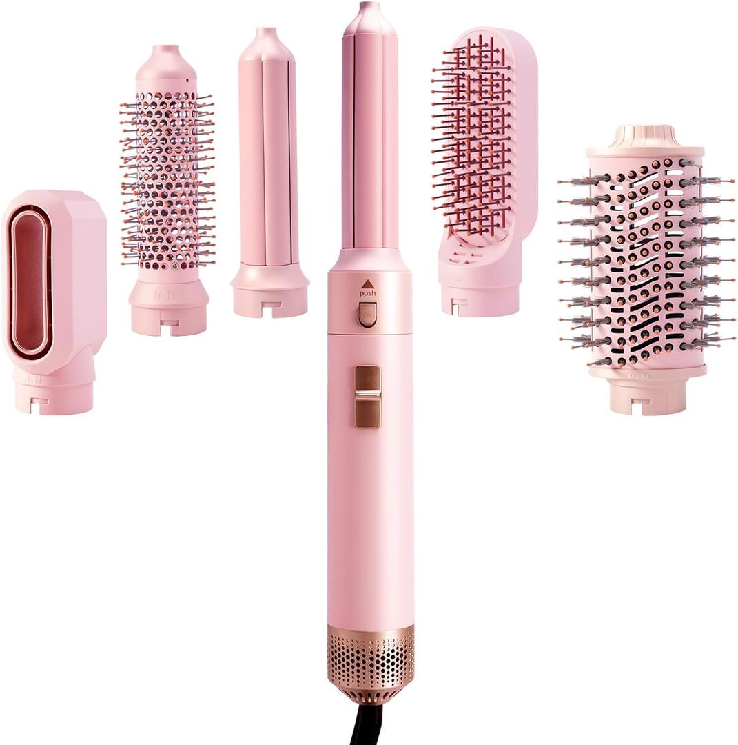 6 in 1 Blow Dryer Brush Set, Hot Air Brush & Air Styler, Auto Curling Wrap Hair Styler for Curling, Volumizing, Straightening and Styling (Pink)