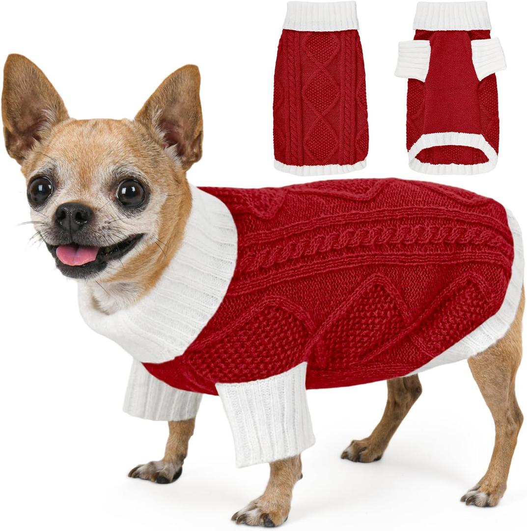 Dog Sweater for Small Dogs Argyle Cable Knit Turtleneck Pullover Winter Clothes Boys Girls Stretch Puppy Doggie Chihuahua Yorkie Pomeranian Toy Poodle Pet (S, Red)