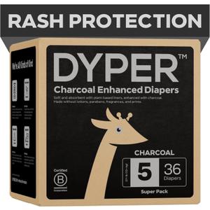 DYPER - Charcoal Enhanced Day & Overnight Disposable Baby Diapers - Made with Plant-Based* & Skin-Friendly Ingredients, Hypoallergenic for Sensitive Skin - Size 5, (36 Count) (X-Large)