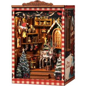 Christmas Book Nook Kits for adults-3D Wooden Puzzles DIY Miniature House Kit Bookshelf Decor with LED Lights Creative Bookend Craft Doll House for Teens & Adults-Ideal Gift for Family & Friends