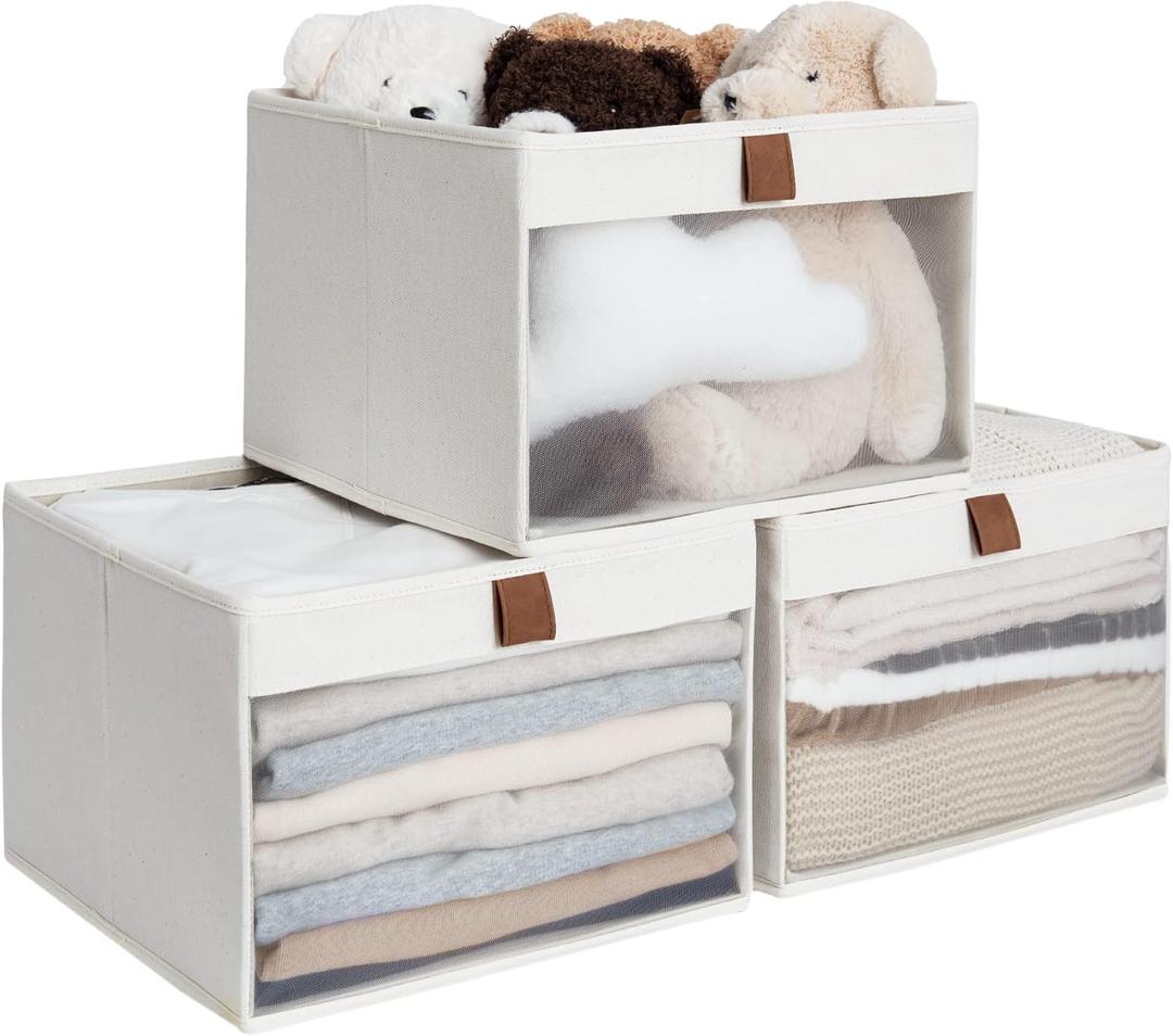 StorageWorks Closet Storage Bins, Large Storage Baskets with Clear Window and Handles, Foldable Fabric Organizer for Clothes, Shelves, Beige, 3 Pack (12 " L x 12 " W x 9" H, Beige)