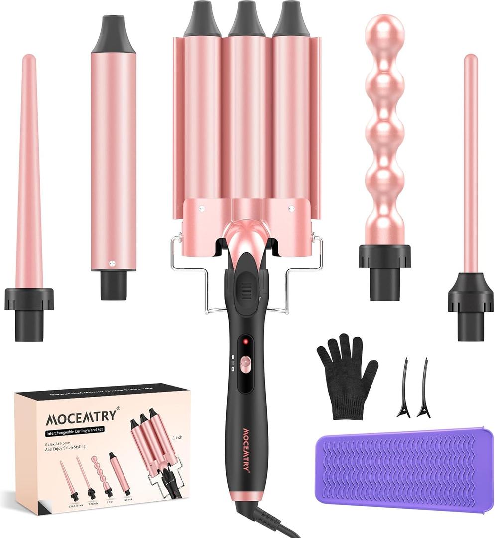MOCEMTRY 5 in 1 Curling Wand Set (0.35"-1.25") with 3 Barrel Hair Crimper, Bubble Curling Wand and 3 Ceramic Barrels, Curling Iron 1 inch Crimper Hair Tool Waver with Two Temp Control, Gifts for Women (Pink)