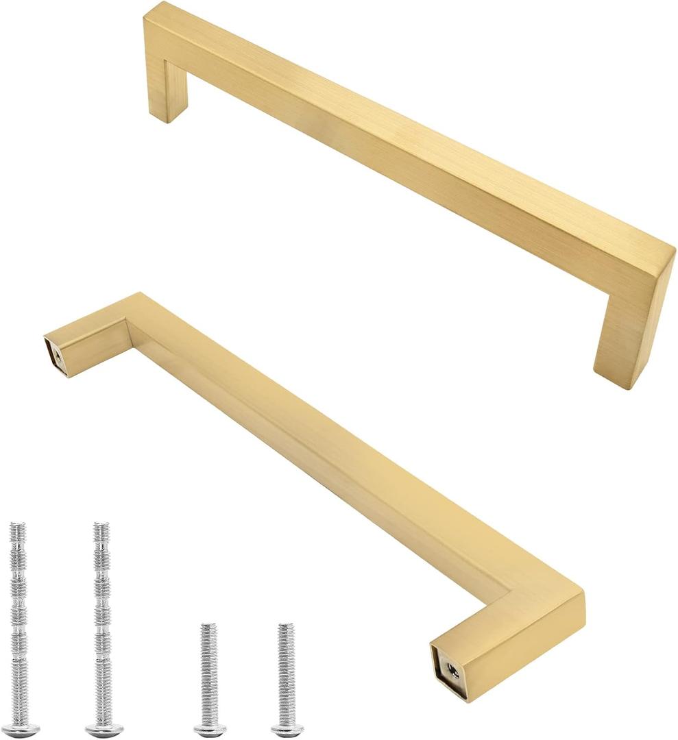 5 Pack Brushed Gold Cabinet Pulls Square Dresser Handles, 5 Inch / 128mm Hole to Hole Cabinet Handles Stainless Steel Cabinet Hardware, Kitchen Drawer Pulls for Cupboard Wardrobe Vanity
