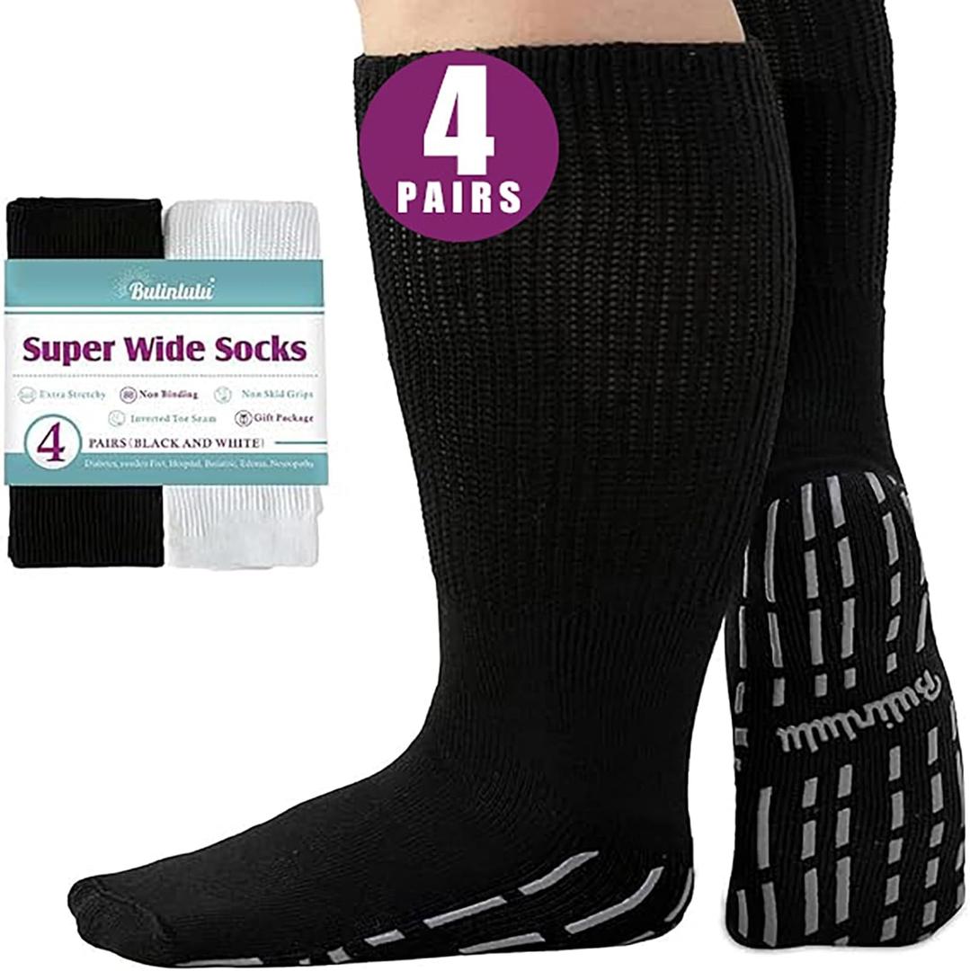 Bulinlulu Extra Width Socks for Swollen Feet-4 Pairs Hospital Grip Socks,Bariatric Socks,Diabetic Socks for Women Men 13-15 (One Size, Black/White)