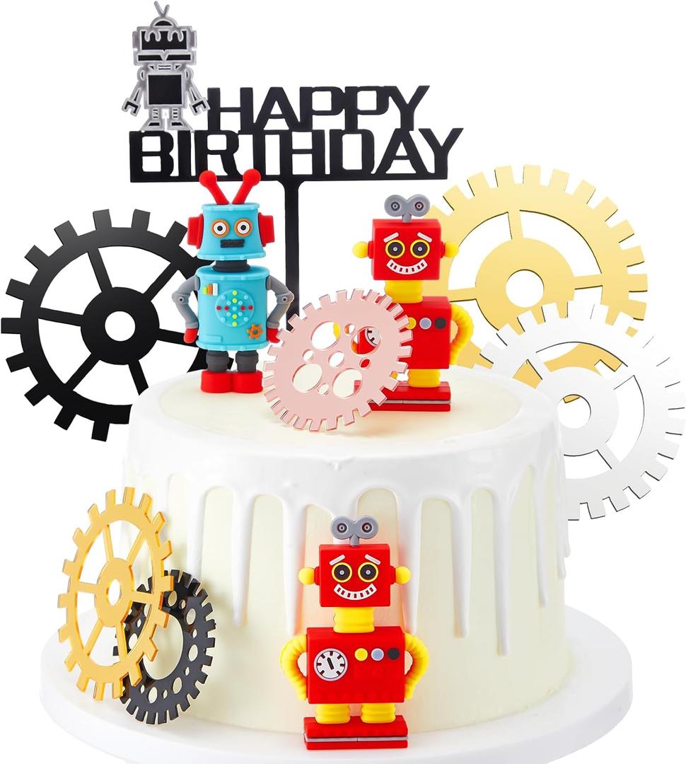 11 Pieces Robot Birthday Cake Toppers Gear Cake Cupcake Decorations Robot Themed Birthday Party Decorations Figurine for Party Favors Supplies