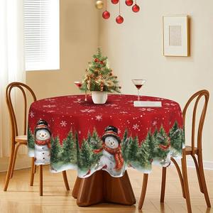 Christmas Round Tablecloth Snowman Trees Snowflakes Red Table Cloth 60 inch Spill Proof Cover for Kitchen Party Picnic Dinner Tabletop Decor