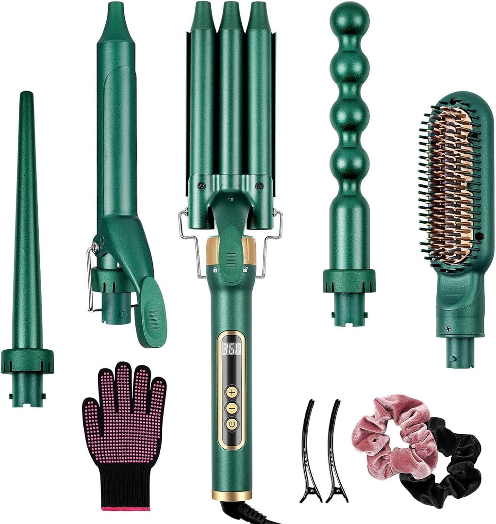 Yinhua Curling Iron Set, 5 in 1 Curling Wand with 4 Interchangeable Ceramic Barrels and 1 Straight Hair Brush, 30S Instant Heat Up, LCD Temp Adjustment, Dual Voltage, Includes Heat Resistant Gloves (Green)