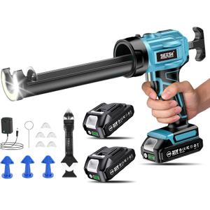 SEESII Cordless Caulking, 21V Battery Powered Caulk, Electric Caulking w/2 x 2.0Ah Batteries, 9Pcs Caulk Remover Tool, LED Light, Auto Retract for Filling, Sealing (Blue)