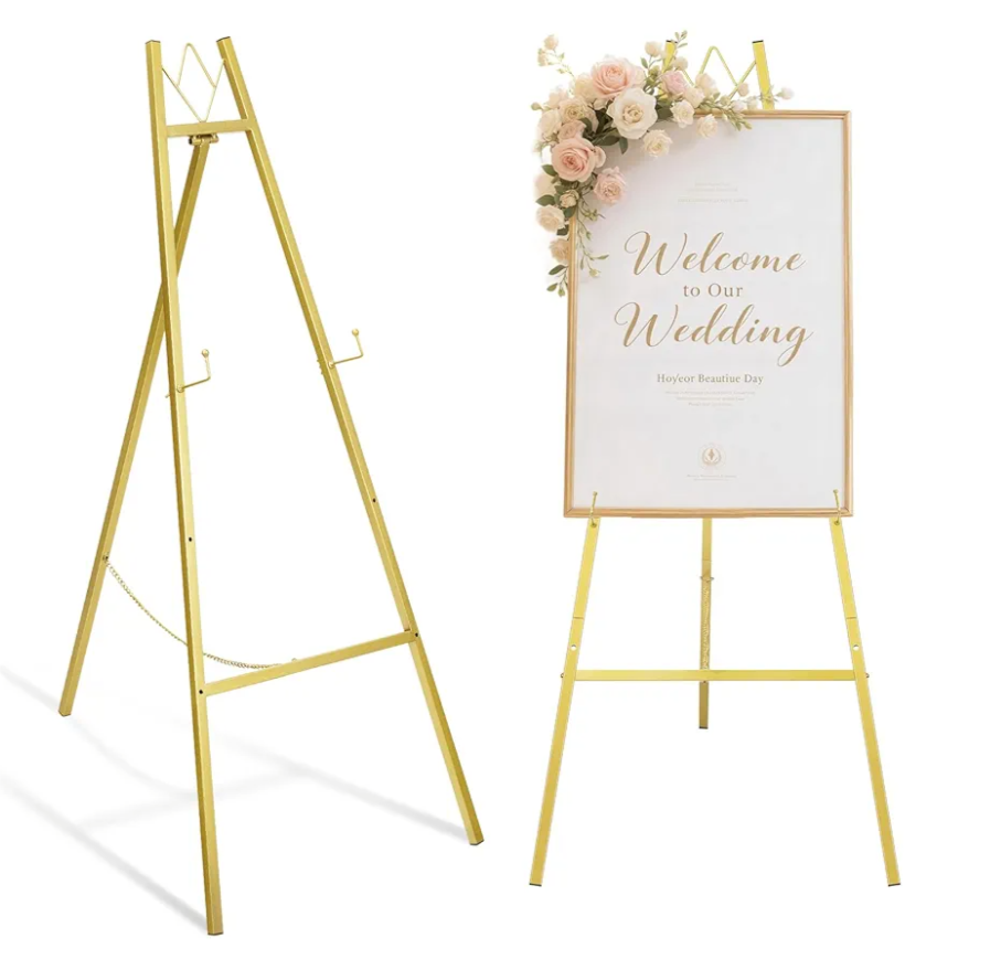 GRENTY 46.7" Gold Easel Stand for Wedding Signs – No Assembly Needed, Heavy Duty Metal Display Stand for Art, Welcome Signs, Posters, Pictures, Paintings, and Floor Décor