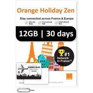 Orange Holiday Europe Prepaid Sim 12GB Internet Data | 30 Days-Use | Data tethering Allowed | 30min & 200 SMS from Europe to Any Country Worldwide+1 Sim Card Holder+1 Pin