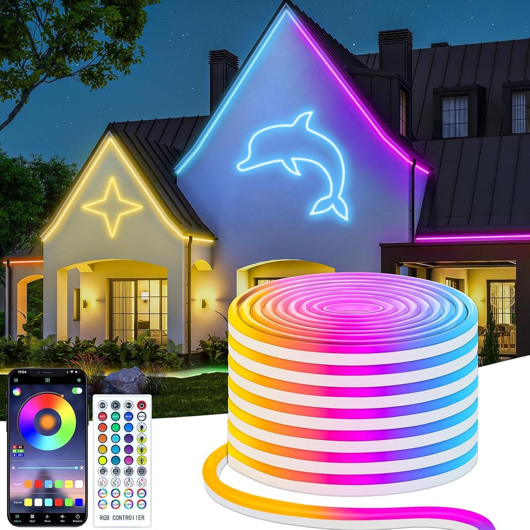 33Ft RGB Neon Rope Lights, Music Sync Control with App/Remote Flexible Rope Lights Color Changing, IP68 Waterproof Neon Lights for Indoor Outdoor Home Decor (32.8Ft RGB)