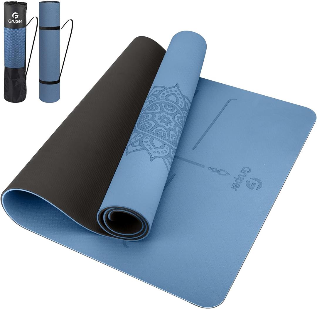 Gruper Yoga Mat Non Slip TPE Extra Wide Yoga Mat with Alignment Mark, 72"L x 32"W x 0.32"/0.24"Th (183cm x 80cm x 8mm/6mm), Anti-Tear Exercise Mat with Carrying Strap and Bag, Workout Mats for Yoga, Pilates