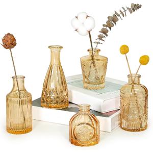 SUPMIND Glass Bud Vase Set of 5, Gold Amber Small Flower Vases for Centerpieces in Bulk, Mini Vintage Vase for Rustic Wedding, Home,Table Decoration