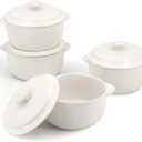 4-Pack Ceramic Mini Cocotte Set, 10 Oz Stoneware Casserole Dishes with Handles & Lids, Oven-Safe Ramekins for Soufflé, Soup, Cobbler & Baking, Individual Serving Bakeware, Off White