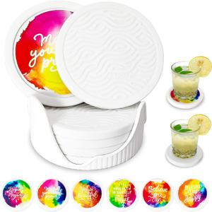 6-Pack Waterpaint Greeting Silicone Coasters with Deep Tray Holder - Double-Sided Drink Coasters - Beverage Mats for Hot or Cold Drinks - Thick, Non-Slip, Non-Stick Silicone with Ceramic Insert (White-2)