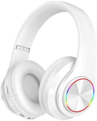 Wireless Bluetooth Headphones, Colorful LED Lights Comfort Over Ear Foldable Headset with Built-in Microphone, FM, SD Card Slot, Wired for School/Tablet Computer/PC/TV/Cellphones/Travel (White)