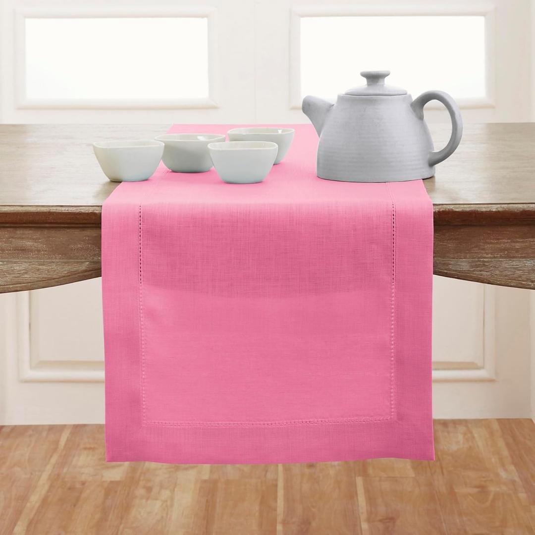 Solino Home Linen Flamingo Pink Hemstitch Table Runner 60 Inches - 100% Pure Linen Small Table Runner 14 x 60 Inch Ideal for Dresser and Coffee Tables - Classic Hemstitch, Summer
