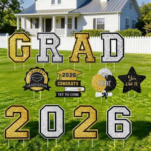 2 x Graduation Decorations 2026 12Pcs Graduation Yard Signs Class of 2026 Outdoor Waterproof Congrats Grad Sign with Stakes for kindergarten K-12th College Any Grade Black Gold