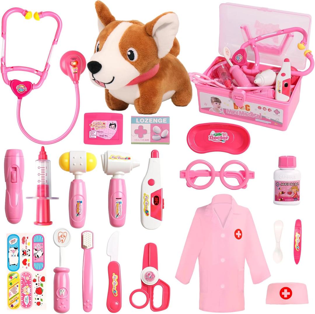 Doctor Kit for Toddlers 3-5 Dress Up for 2+ Year Olds Girls Pretend Veterinarian Toddler Doctor Play Set with Stethoscope Pink Costume Dog Toy Birthday Gifts for 2 3 4 5 6 Year Old Girls