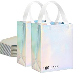 100 Pcs Iridescent Glossy Gift Bags Medium Size, 8x4x10 In Holographic Reusable Gift Bags with Handles & Sturdy Base, Ideal for Birthday, Wedding, Bachelorette, Party Favors, Holiday Goodie Bag